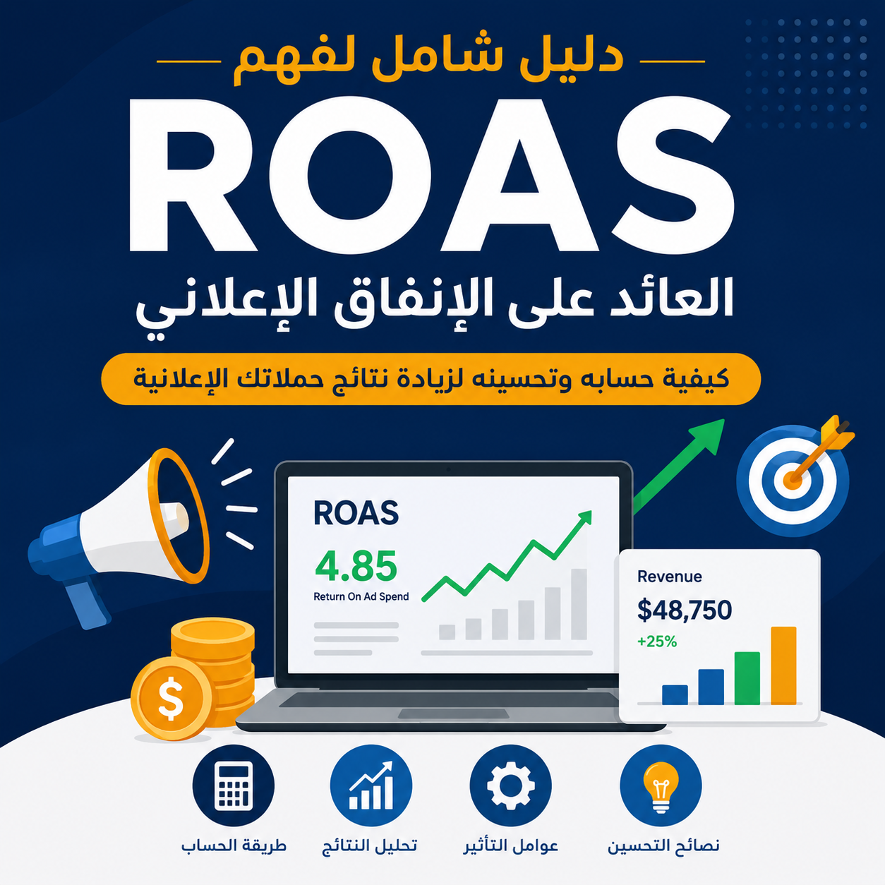 ما هو ROAS؟ دليل شامل لحساب وتحسين العائد الإعلاني دليل شامل لفهم ROAS (العائد على الإنفاق الإعلاني) وكيفية حسابه وتحسينه لزيادة أداء الحملات الإعلانية.